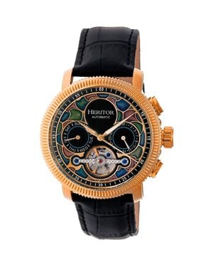Heritor Aura Semi-Skeleton Leather-Band Watch - Multicolor