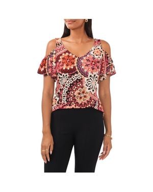 Chaus Floral Cold Shoulder Flutter Sleeve Knit Blouse - Red