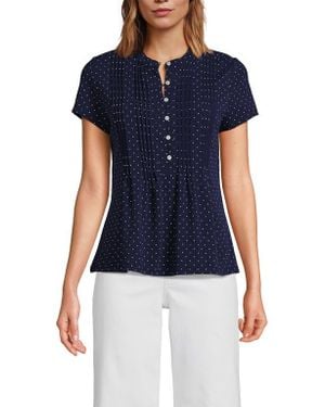 Lands' End Short Sleeve Lightweight Jersey Button Pintuck Top - Blue