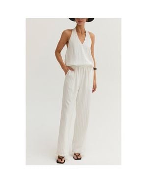 Crescent Pinstripe Halter Linen Blend Jumpsuit - White