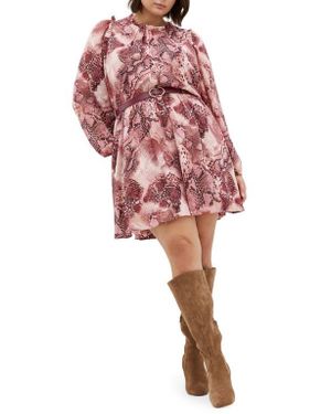 City Chic Maddie Print Belted Long Sleeve Dress - Red
