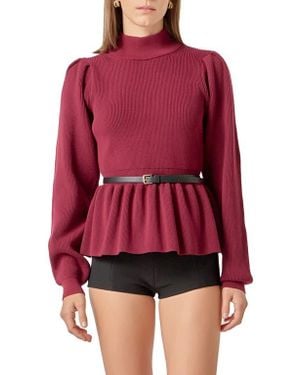 English Factory Mock Neck Peplum Rib Sweater - Red