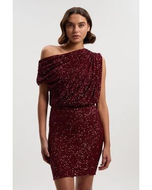 Karen Millen One Shoulder Sequin Mini Dress - Red