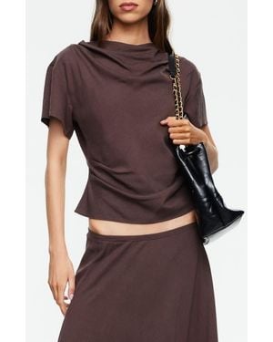 Lioness Halcyon Cowl Neck Crop Linen Blend Top - Brown