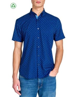 Con.struct Slim Fit Mini Diamond Recycled 4-Way Stretch Performance Short Sleeve Shirt - Blue