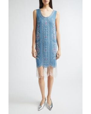 Bode Sea Flower Beaded Fringe Silk Dress - Blue