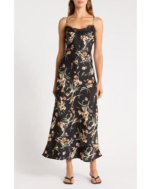 Socialite Lace Trim Satin Midi Dress - Black