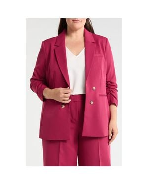 Tahari Ruched Sleeve Faux Double Breasted Blazer - Red