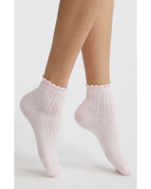 Stems Scallop Cuff Cotton Blend Pointelle Quarter Socks - Pink