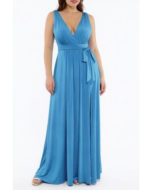 Popilush Shapewear Deep V-Neck Front Slit Goddess Maxi Dress - Blue
