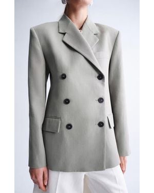 Mango Double Breasted Cotton & Linen Jacket - Gray