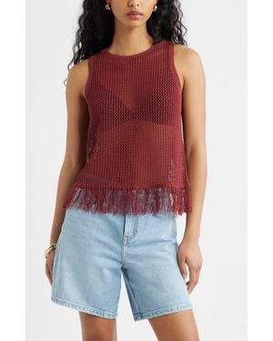 Open Edit Fringe Sleeveless Sweater - Red