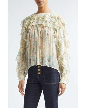 Ulla Johnson Willow Floral Ruffle Trim Silk Top - Blue