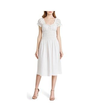 Wayf Adelina Shirred Linen Blend Midi Dress - White