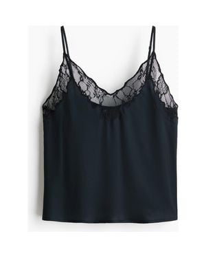 H&M Lace-Trimmed Satin Pajama Top - Black