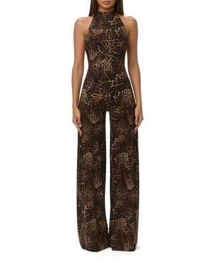 Naked Wardrobe Leopard Print Wide Leg Halter Jumpsuit - Brown