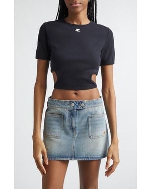 Courreges Ribbon Cutout Crop Rib T-Shirt - Blue