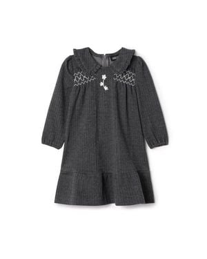 Space Grey Herringbone Stretch A-Line Dress With Frilled Collar - Black