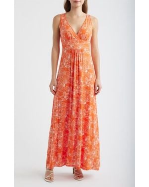 Loveappella Floral Sleeveless Jersey Maxi Dress - Red