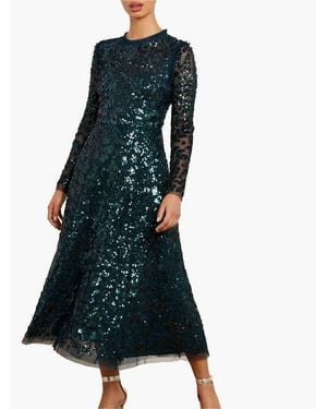 blue long sleeve wedding dress Elegant Midi Length Long Lantern Sleeves Chiffon Wedding Guest Dresses