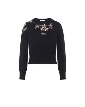 Versatile Embroidered Floral Front Knit Sweater - Blue