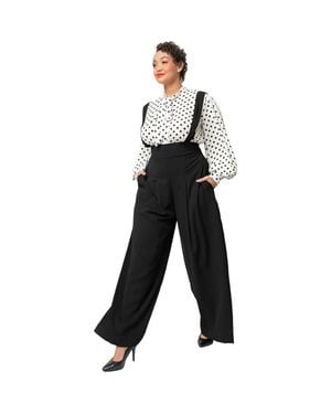Unique Vintage Plus Size Wide Leg Rochelle Suspender Pants - Blue