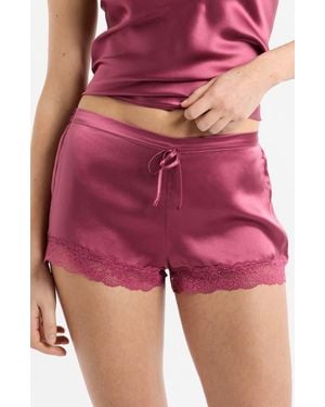 Etam Milky Lace Trim Washable Silk Satin Pajama Shorts - Red