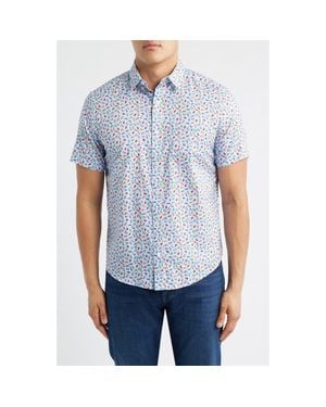Johnston & Murphy Logan Cocktail Print Short Sleeve Cotton Blend Button-Up Shir - Blue