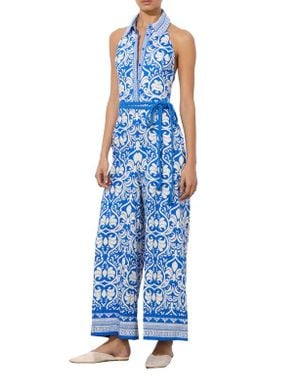 Alice + Olivia Alara Halter Crop Wide Leg Jumpsuit - Blue