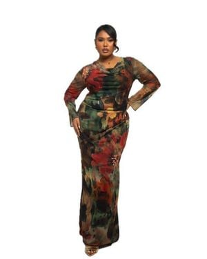 FASHION-SZN CURVE Plus Size Floral Print Mesh Maxi Dress - Green