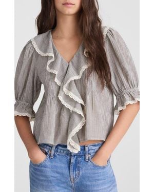Madewell Ruffled Puff Sleeve Cotton Button-Up Shirt - Gray