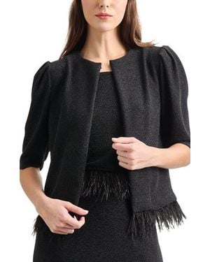 Misook Feather Trim Metallic Knit Jacket - Black