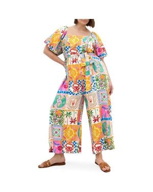City Chic Positano Patchwork Print Jumpsuit - Blue
