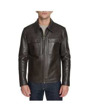 Cole Haan Leather Zip Shirt Jacket - Black