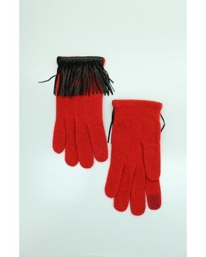 Portolano Cashmere Tech Gloves With Leather Fringes - Red