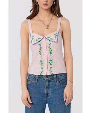Astr Shayna Floral Embroidered Button-Up Top - Blue