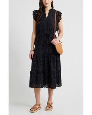 Caslon Ruffle Flutter Sleeve Cotton Broderie Anglaise Midi Dress - Black