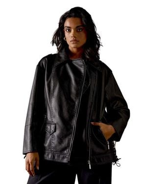 Warehouse Oversized Whipstitch Leather Look Jacket - Black