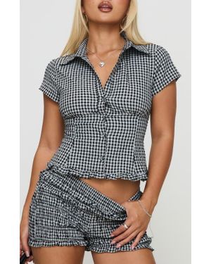 Princess Polly Covey Check Smocked Puff Sleeve Crop Shirt - Blue