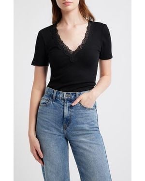Madewell Lace Trim V-Neck Rib Top - Black