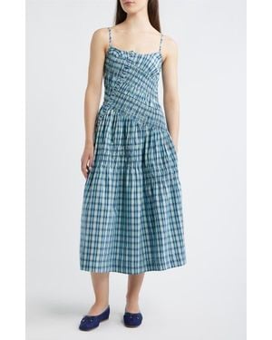 Damson Madder Lyra Check Sleeveless Midi Dress - Blue