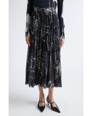 Jason Wu Pleated Scribble Floral Chiffon Midi Skirt - Black