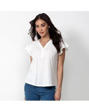 Single Stitch Flutter Sleeve Henley - White