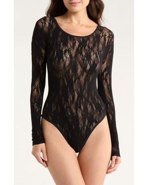 Memoi Floral Long Sleeve Seamless Bodysuit - Red