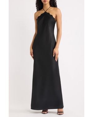 Wayf Lirien Lace Trim Halter Column Gown - Black