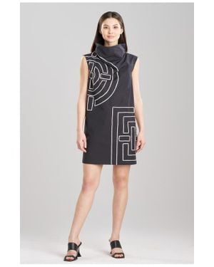 Natori Tech Cotton Taffeta Funnel Shift Dress W/ Embroidery - Black