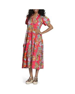 Apny Floral Print Puff Sleeve Shirtdress - Red