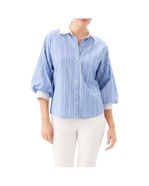 Karen Kane Stripe Lantern Sleeve Cotton Shirt - Blue