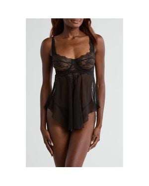 Coquette Lace Underwire Babydoll Chemise & G-String Set - Brown