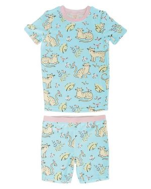 Munki Munki Kids' Jungle Kitties Fitted Two-Piece Short Pajamas - Blue